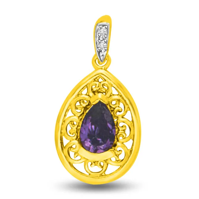 Pear Amethyst Filigree style Diamond Gold Pendants -Dia+Gemstone
