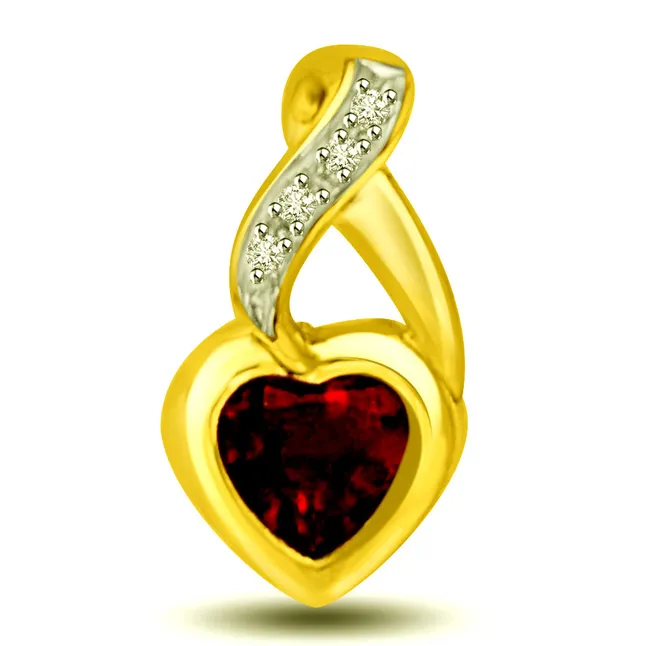 Heart Garnet & Diamond Two Tone Love Pendants for Her -Dia+Gemstone