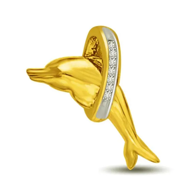 Flying Dolphin Real Diamond & Gold Pendant for My Beloved (P976)
