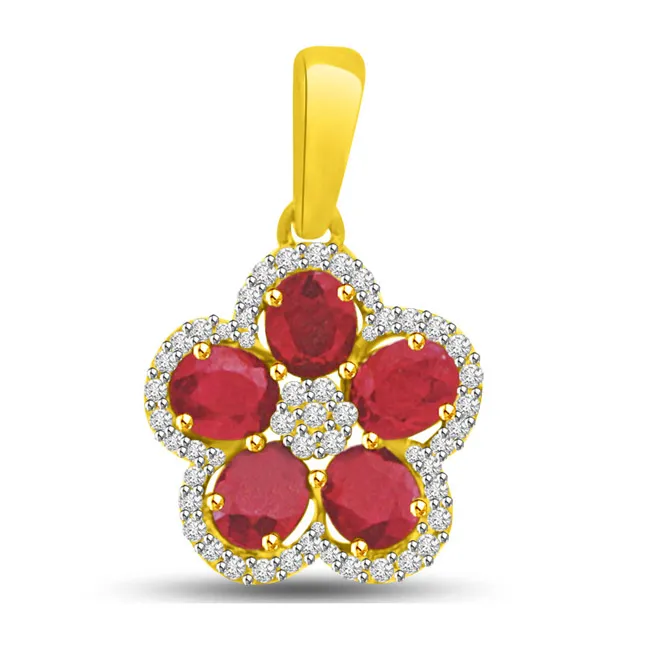 Real Red Ruby & Diamond Flower 18kt Yellow Gold Pendant for My Love (P985)