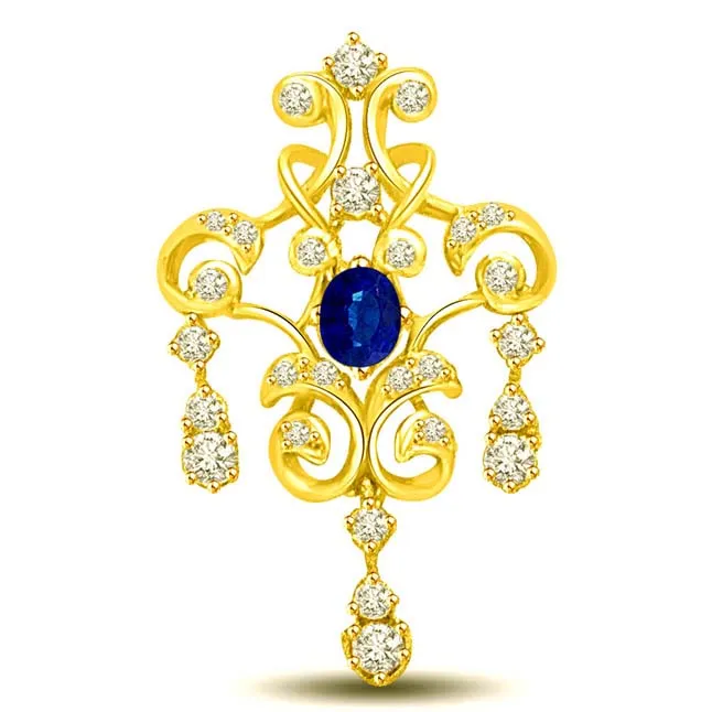 Glittery Floral Effect 0.28CT Oval Sapphire & Diamond 18kt Gold Pendants