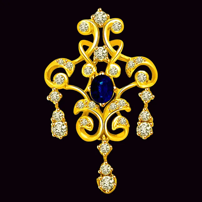 Glittery Floral Effect 0.28cts Real Oval Sapphire & Diamond 18kt Gold Pendant (P1005)
