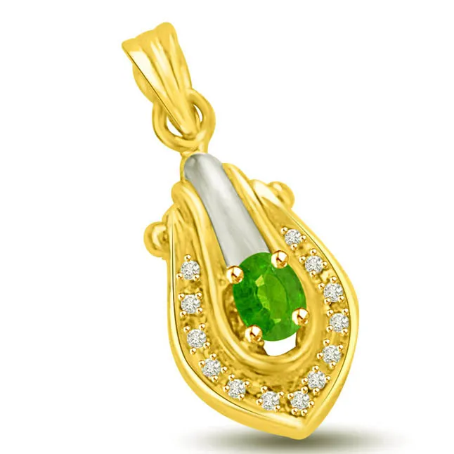 Golden Touch of Happiness Emerald & Diamond Two Tone 18k Gold Pendants for My Love