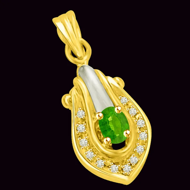 Golden Touch of Happiness Emerald & Real Diamond Two Tone 18k Gold Pendant for My Love (P1008)