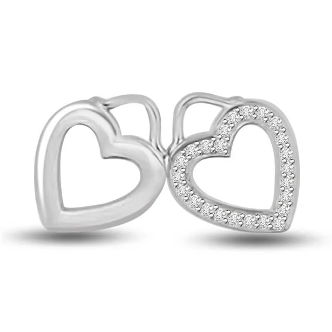 Cuddling Together 14k White Gold Diamond Heart Pendants