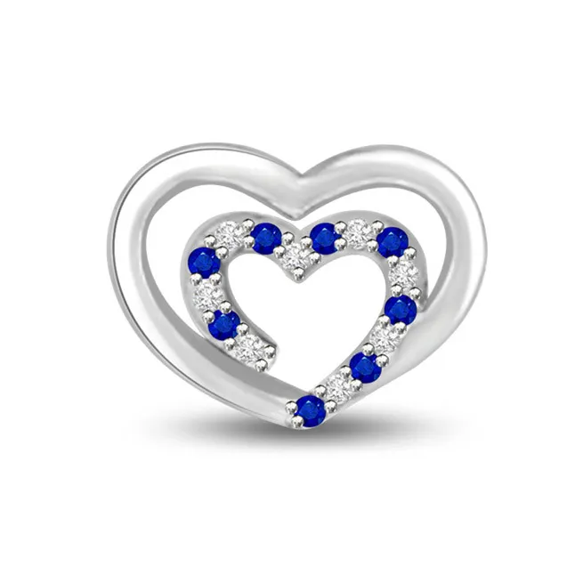 Bond of TWO Hearts Diamond & Blue Sapphire White Gold Heart Penadnt in 14k