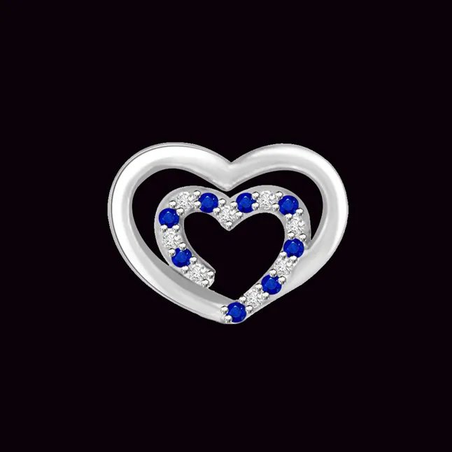 Bond of TWO Hearts Real Diamond & Blue Sapphire White Gold Heart Pendant in 14kt White Gold (P1030)