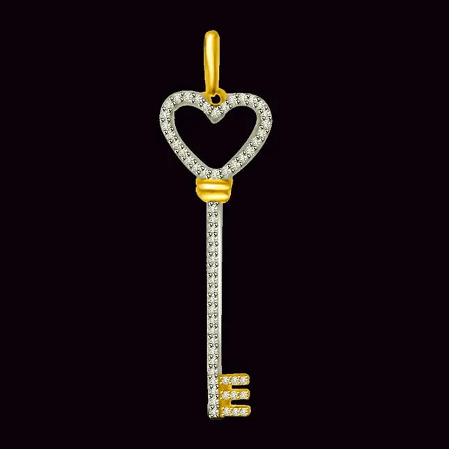 A Key to My Love - Real Diamond Two Tone Heart Pendant (P1038)