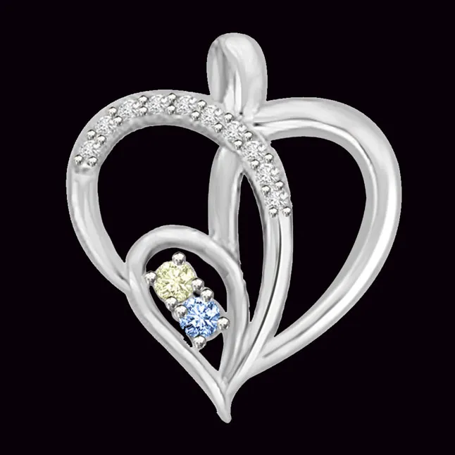 Cris Cross Heart Real Diamond & Blue ,Golden Topaz White Gold Heart Pendant (P1041)