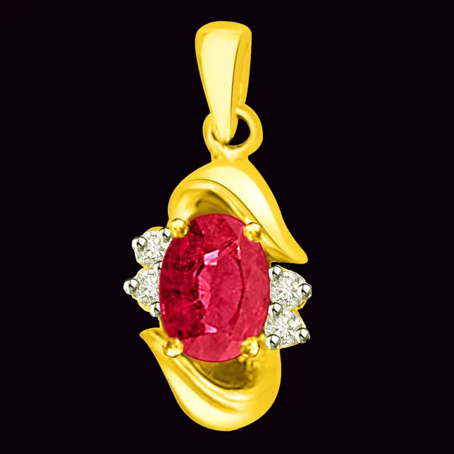 Stunning Red Ruby And Real Diamond Pendant In Yellow Gold (P1085)