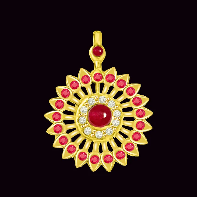 Sparkling Chakra Real Red Ruby Pendant In Yellow Gold With Diamonds (P1090)