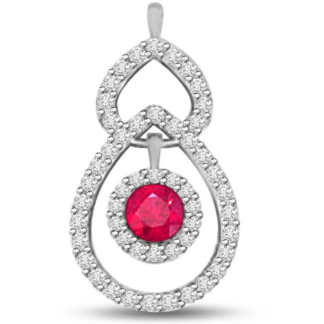 True Beauty Drop Shaped Diamond Pendants With A Red Round Ruby -Diamond -Ruby