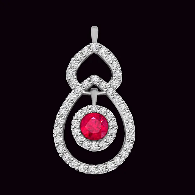 True Beauty Drop Shaped Real Diamond Pendant With A Red Round Ruby (P1092)