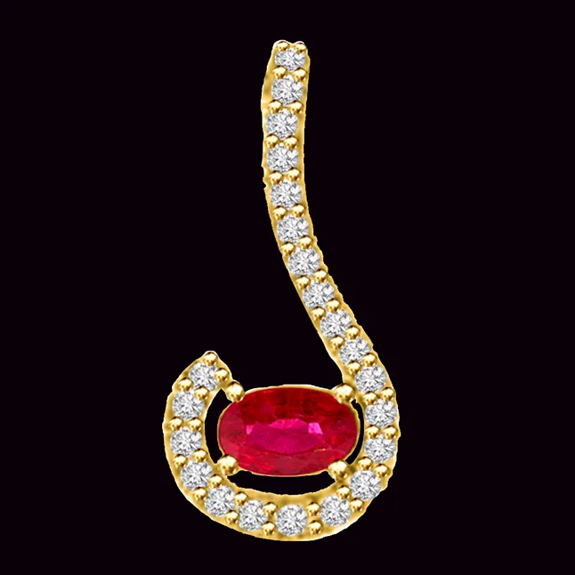 Sparkling Beauty Designer Pendant Of Diamonds And Real Red Ruby In Yellow Gold (P1097)
