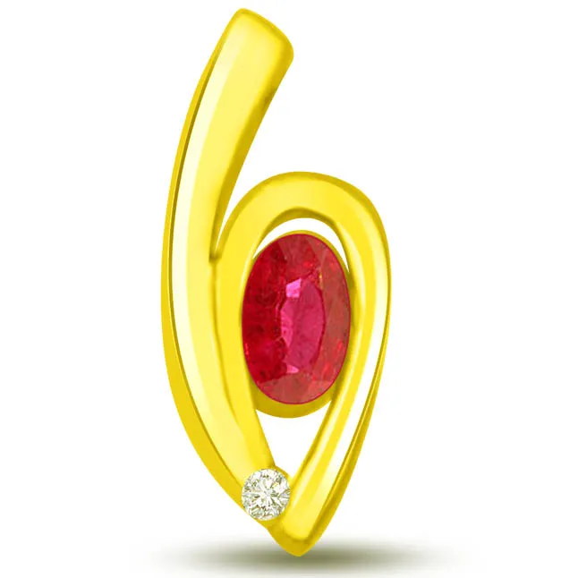 Sun Magic Stunning Real Red Ruby And Diamond Pendant In Yellow Gold (P1102)