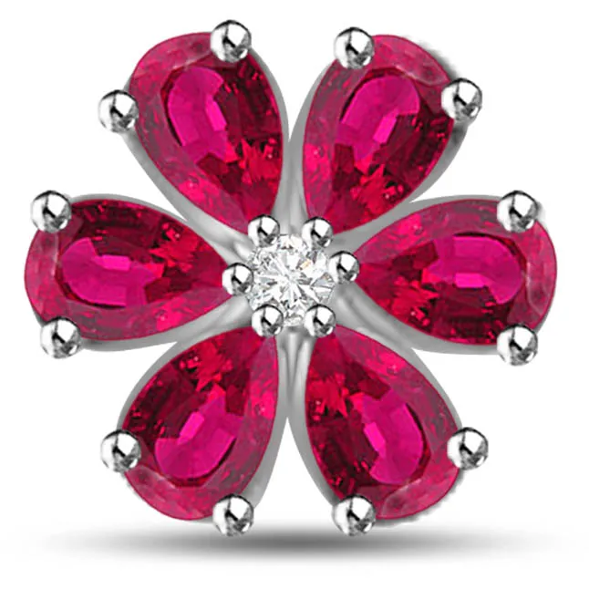 Red Flower 1.54 TCW Flower Shaped Real Ruby Pendant In White Gold (P1104)