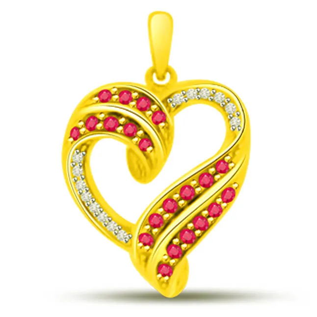 Caring Love Heart Shaped Real Ruby And Diamond Pendant In Yellow Gold (P1105)