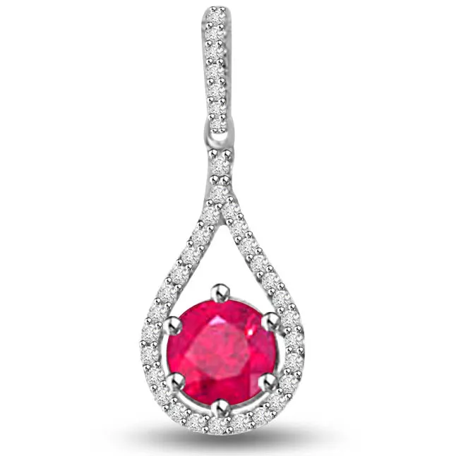 Floral Love Bouquets 0.85 TCW Real Diamond And Ruby Drop Pendant In White Gold (P1106)