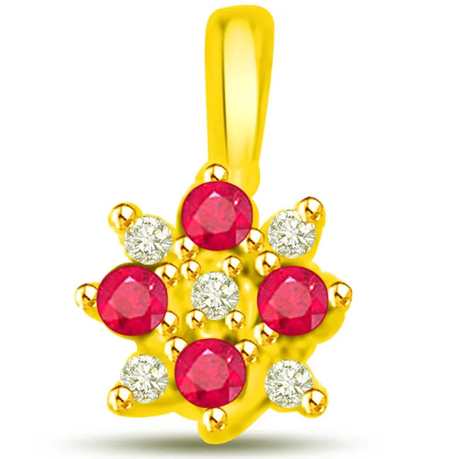 Floral Bloom 0.75 TCW Real Ruby And Diamond Pendant In 18kt Yellow Gold (P1109)