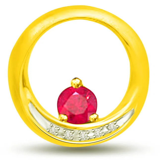 Ruby In A Round 0.18 TCW Red Ruby Diamond Pendants In Yellow Gold -Diamond -Ruby