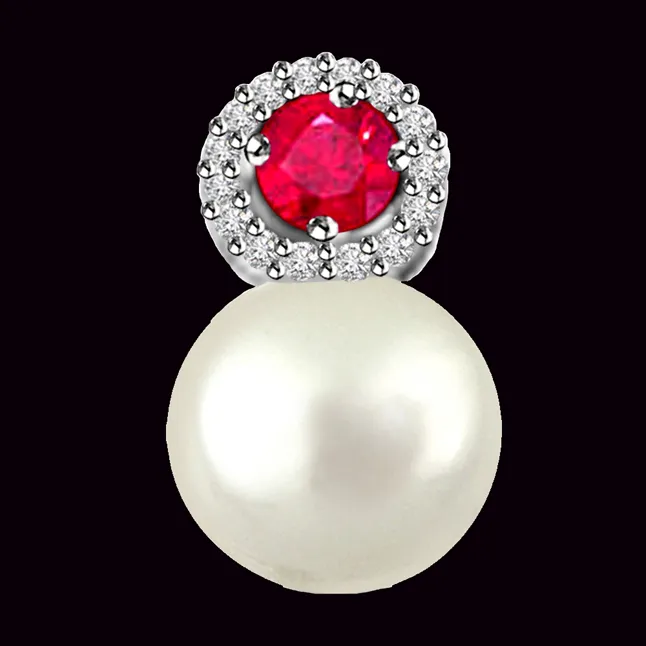 Marvelous Real Pearl Pendant With Diamonds And Ruby (P1122)