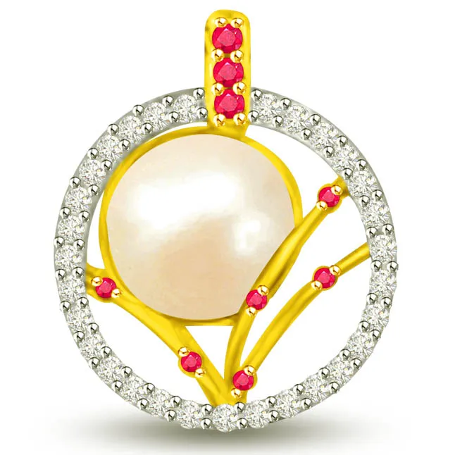 Twinkling Royal Stone 0.43 TCW Beautiful Pearl, Ruby Diamond Pendants -Diamond -Ruby