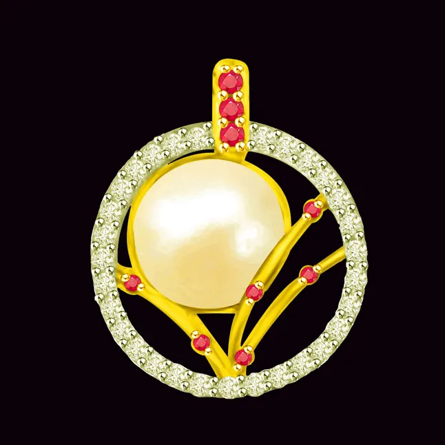 Twinkling Royal Stone 0.43 TCW Beautiful Real Pearl, Ruby And Diamond Pendant (P1125)
