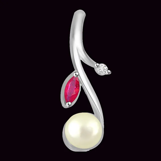 Stunning Real Pearl Pendant With Diamond And Ruby (P1126)
