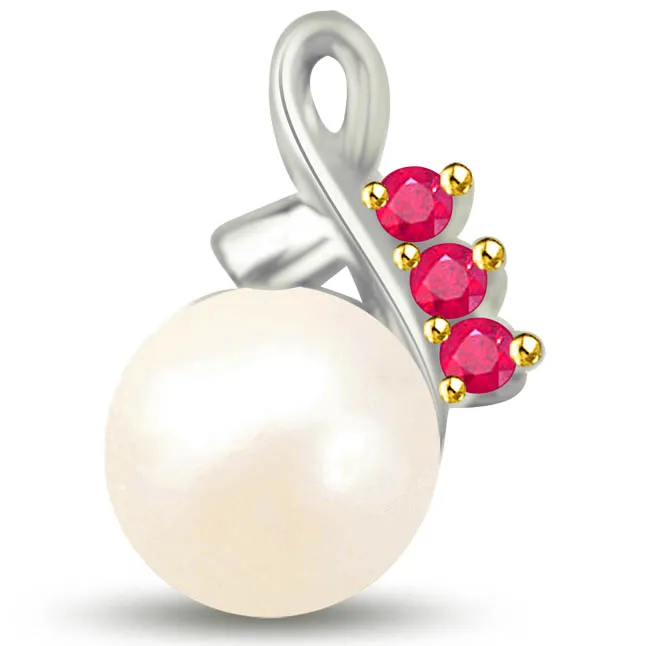 Stunning White Gold Pendants Of Pearl Rubies -Diamond -Ruby