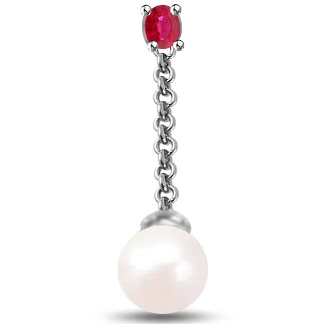 Pearl Pendants With Red Round Ruby In 14kt White Gold -Diamond -Ruby