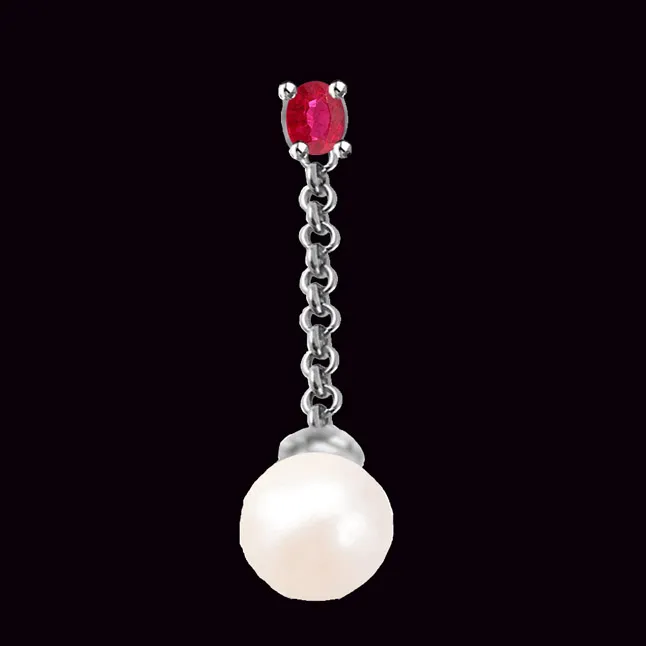 Pearl Pendants With Red Round Ruby In 14kt White Gold -Diamond -Ruby