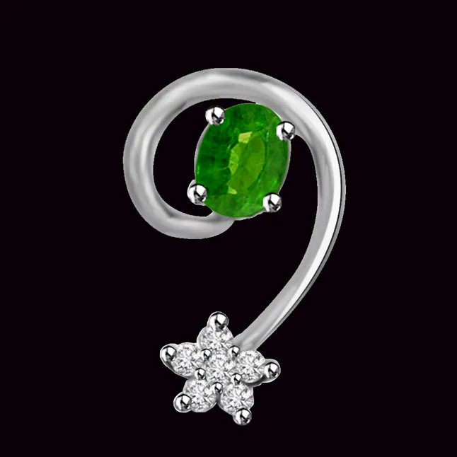 Shining Green Iceland Delicate Real Emerald And Diamond Pendant In White Gold (P1145)