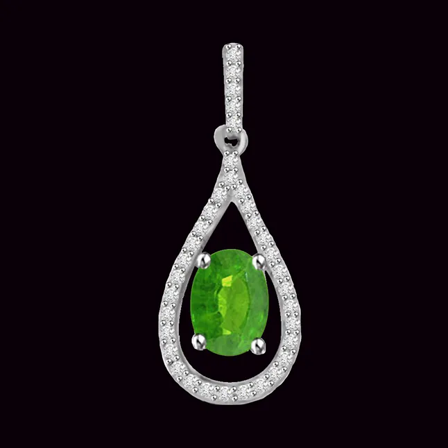 Green Lotus 0.55 TCW Real Emerald And Diamond Drop Shaped Pendant (P1153)