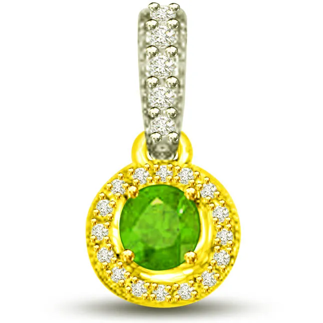 Shining Princess 0.80 TCW Two Tone Pendants Of Emeralds Diamonds
