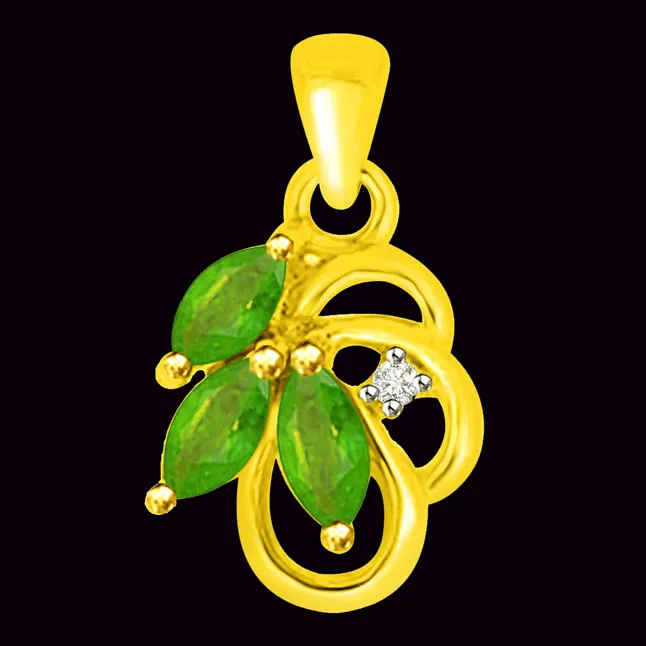 Stunning Green Drops Real Emerald And Diamond Pendant In Yellow Gold (P1162)