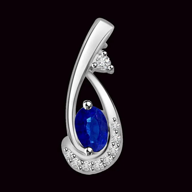 Queen of Pendant : Real Diamond & Blue Sapphire White Gold Pendant for Her (P1259)