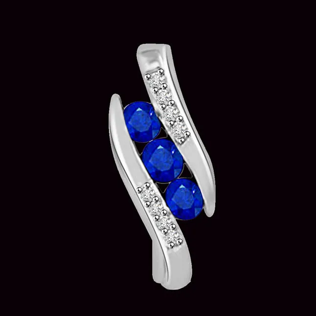 Sapphire Trio : Real Diamond & Blue Sapphire White Gold Elegant Pendant For Your Love (P1262)