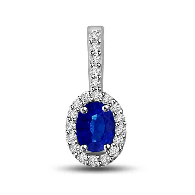 Sapphire Fantasy:Diamond & Blue Sapphire White Gold Long Solitaire Pendants