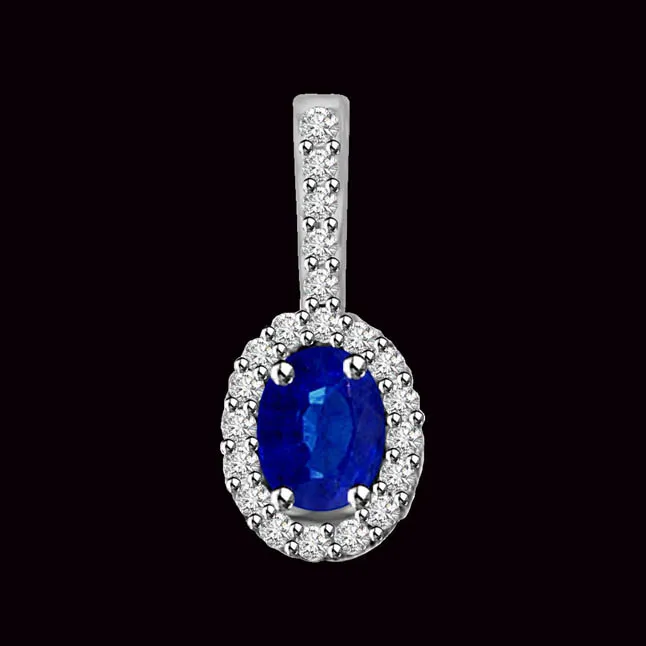 Sapphire Fantasy : Real Diamond & Blue Sapphire White Gold Long Solitaire Pendant (P1263)