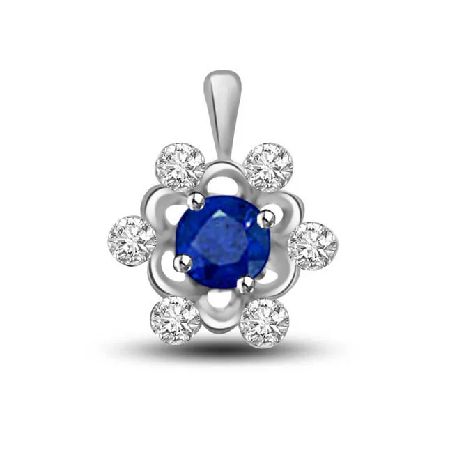 Blue Star:Diamond & Sapphire Round Starry Pendants In White Gold