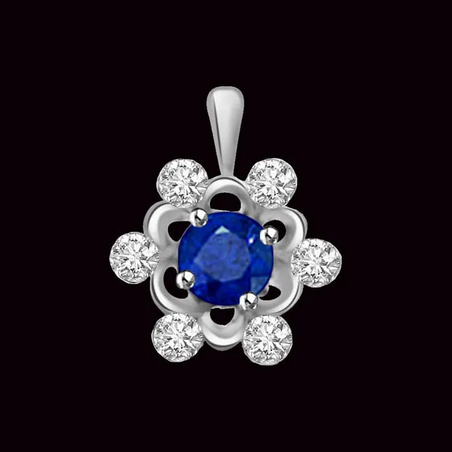 Blue Star : Real Diamond & Blue Sapphire Round Starry Pendant In White Gold (P1266)