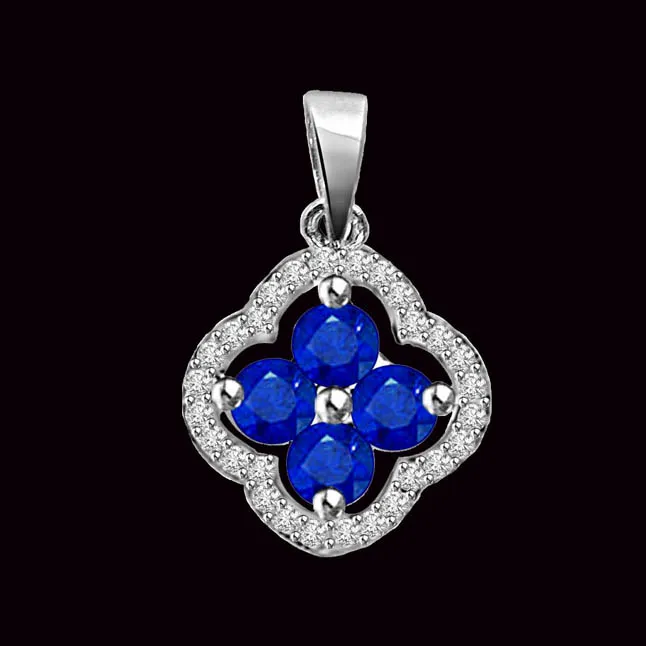 Blue Passion : Real Diamond & Sapphire Flower Pendant In White Gold For Her (P1267)