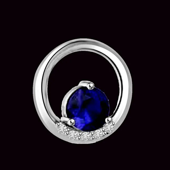 Blue Ball : Real Diamond & Sapphire Round Chic White Gold Pendant For Your Ladylove (P1270)