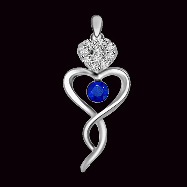 Blue Heart : Real Diamond & Sapphire White Gold Heart Shape Pendant For Her (P1271)