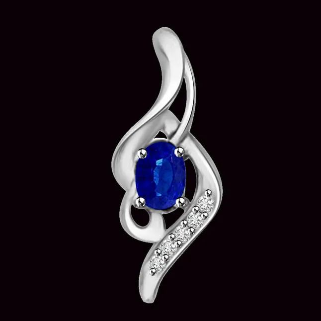 Blue Magic : Real Diamond & Oval Blue Sapphire White Gold Fancy Pendant (P1272)