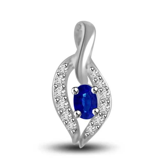 Love Petal:Oval Sapphire Surrounded By White Diamond In 14kt Gold Pendants