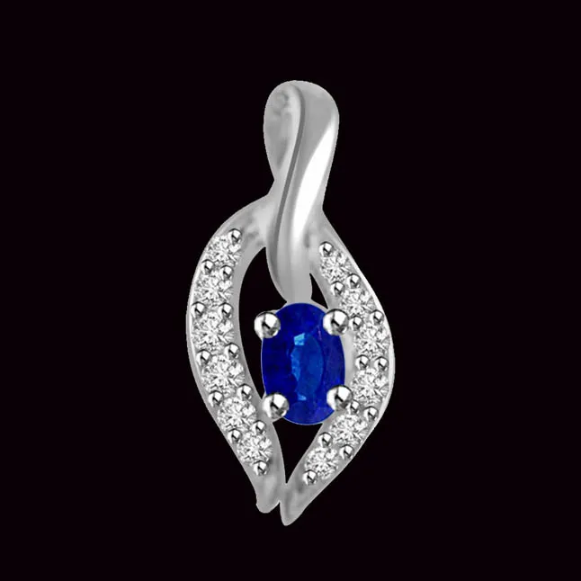 Love Petal : Real Oval Sapphire Surrounded By White Diamond In 14kt Gold Pendant (P1274)