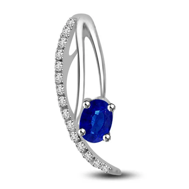Love Blossoms:Fine Oval Blue Sapphire With Diamond & White Gold Pendants