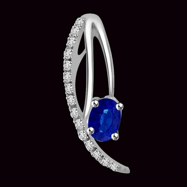 Love Blossoms : Fine Real Oval Blue Sapphire With Diamond & White Gold Pendant (P1275)