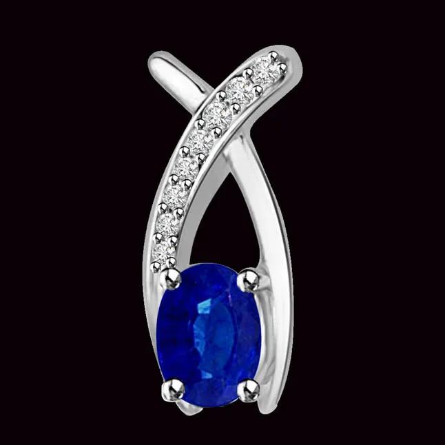 Feathers Of Love : Real Blue Sapphire & Diamond Pendant in White Gold (P1277)